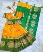 বাচ্চাদের হলুদ কাতান রেডি শাড়ি - Image 3