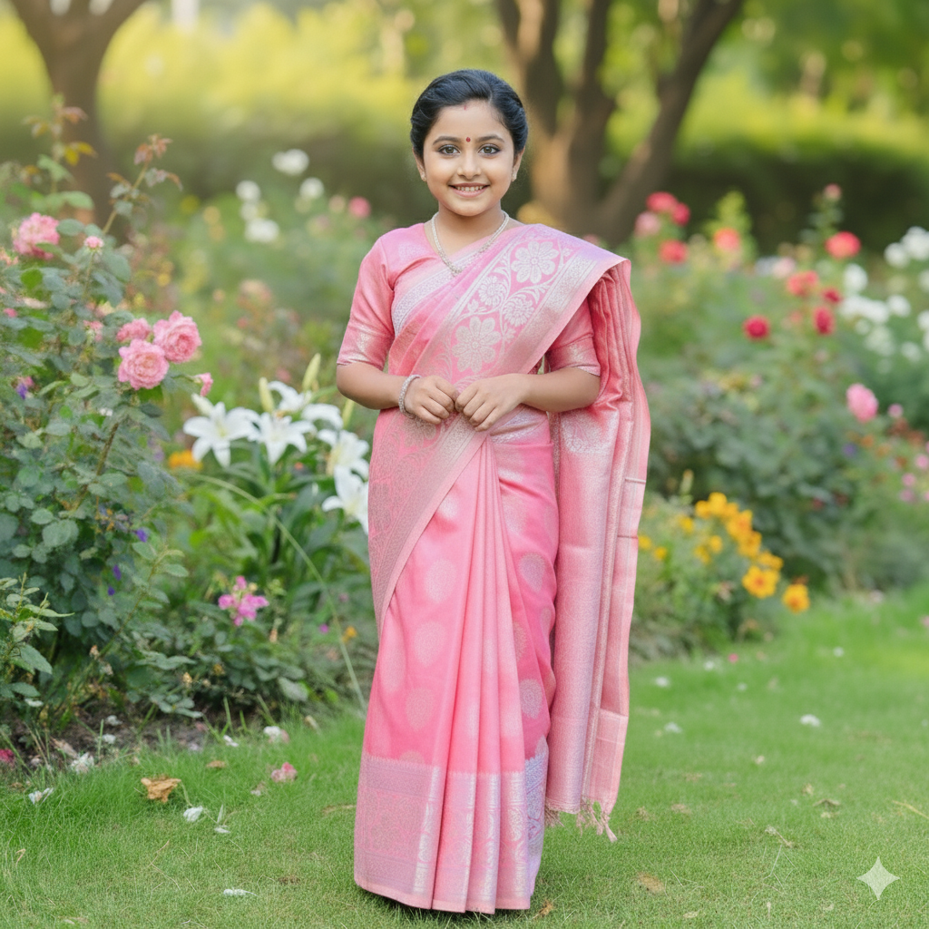 pink 1 বাচ্চাদের পিঙ্ক সফট কাতান রেডি শাড়ি - Image 1